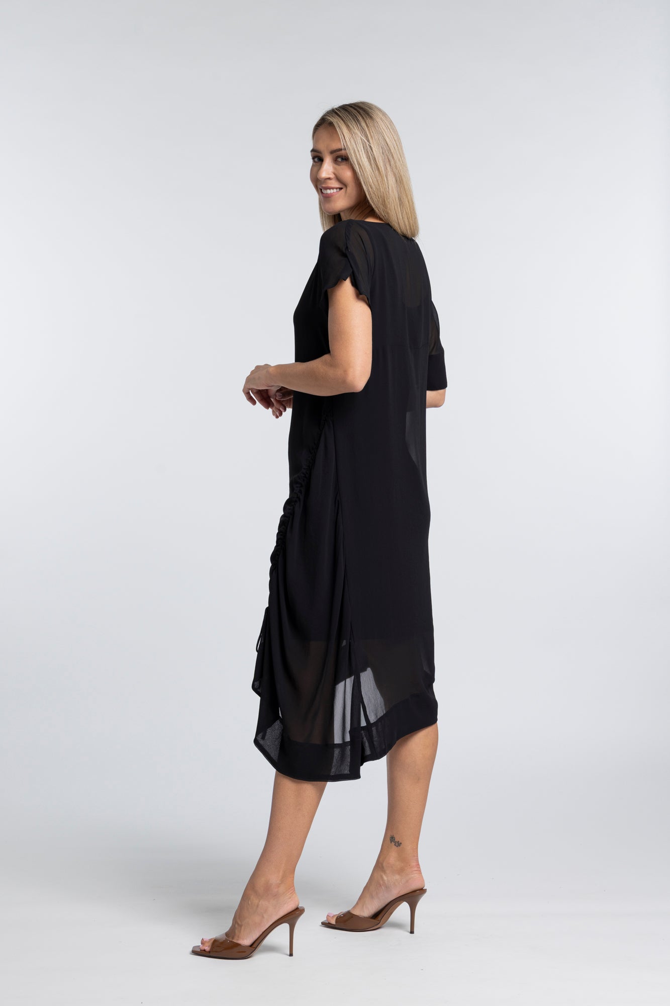 The NES Em Dress – an asymmetrical chiffon dress with ruching and adjustable drawcord. Bold, floaty and NZ made.