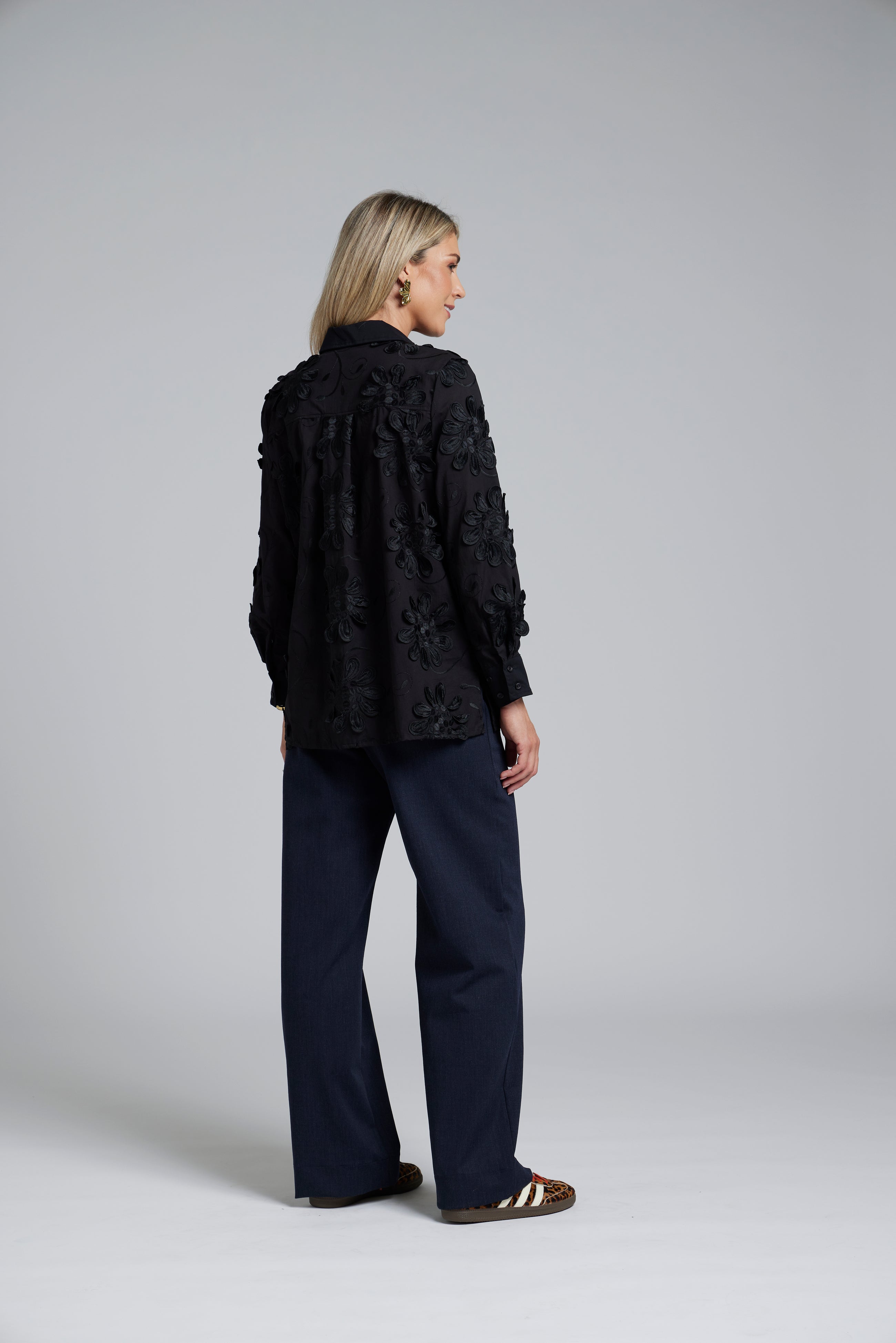The NES Lux Shirt by N-E-S – a 3D embroidered floral shirt with solid collar, cuffs and adjustable sleeves. A forever piece, beautifully NZ made.