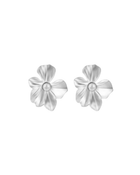 Violet Earrings by Castel & Co in gold with imitation pearl detailing, shaped like a blooming flower for a soft, romantic statement. Sculpted petals with luminous pearl accents create a feminine, elegant finish. Stud closure with a 2.83 x 3.28 cm size, crafted from stainless steel with gold plating. Waterproof, hypoallergenic, and weighing 10g.