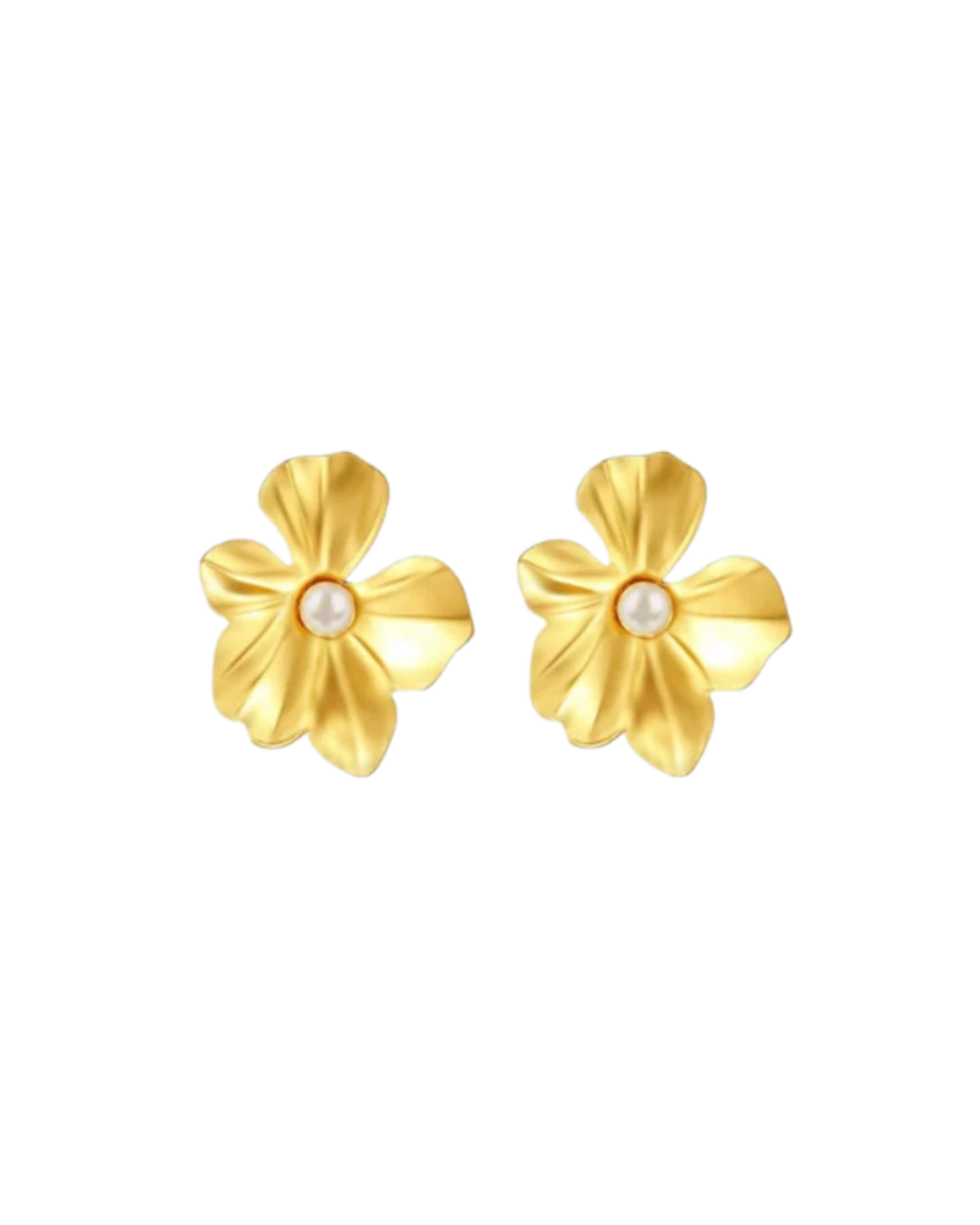 Violet Earrings by Castel & Co in gold with imitation pearl detailing, shaped like a blooming flower for a soft, romantic statement. Sculpted petals with luminous pearl accents create a feminine, elegant finish. Stud closure with a 2.83 x 3.28 cm size, crafted from stainless steel with gold plating. Waterproof, hypoallergenic, and weighing 10g.
