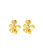 Violet Earrings by Castel & Co in gold with imitation pearl detailing, shaped like a blooming flower for a soft, romantic statement. Sculpted petals with luminous pearl accents create a feminine, elegant finish. Stud closure with a 2.83 x 3.28 cm size, crafted from stainless steel with gold plating. Waterproof, hypoallergenic, and weighing 10g.