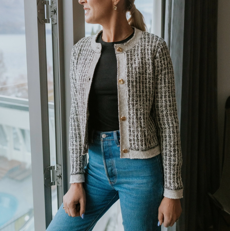 Vivian by Moke women’s cotton blend knit cardigan in white check. Textured novelty knit with a heavier weight feel for warmth and structure, featuring a classic crew neckline and gold finished vintage style buttons at the front. Designed to wear as a cardigan or cosy sweater, this versatile winter staple is made for effortless everyday dressing and designed in New Zealand.