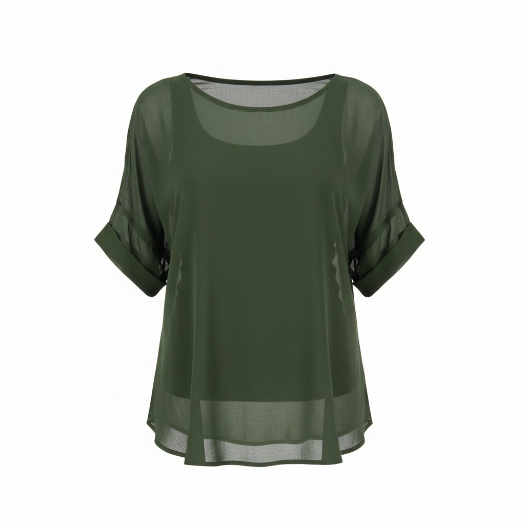 The NES Cross Top – a best-selling chiffon tee with crossover detail, relaxed fit and flattering drape. Lightweight and NZ made.