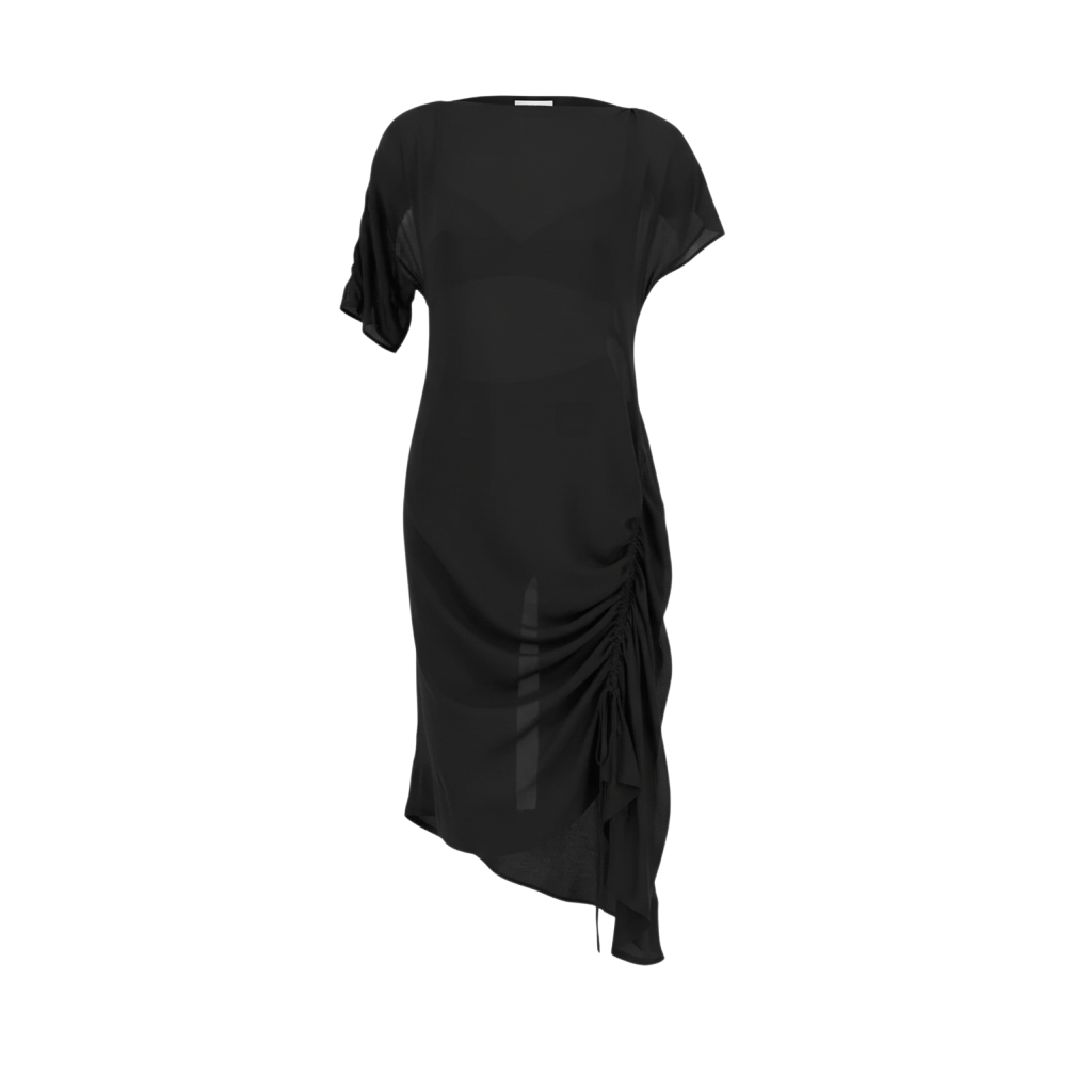 The NES Em Dress – an asymmetrical chiffon dress with ruching and adjustable drawcord. Bold, floaty and NZ made.