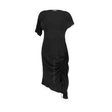 The NES Em Dress – an asymmetrical chiffon dress with ruching and adjustable drawcord. Bold, floaty and NZ made.