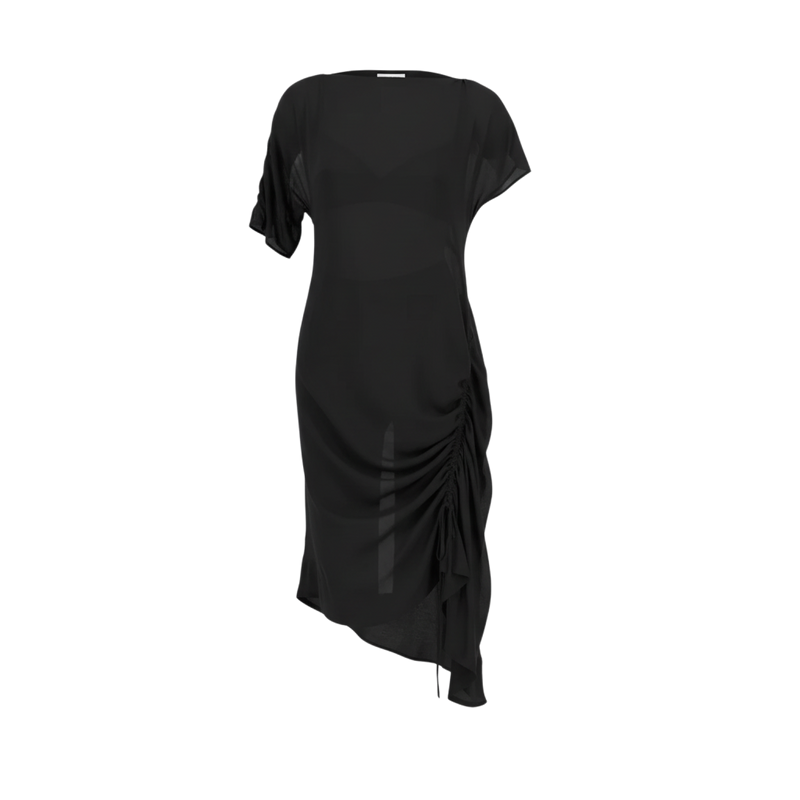 The NES Em Dress – an asymmetrical chiffon dress with ruching and adjustable drawcord. Bold, floaty and NZ made.