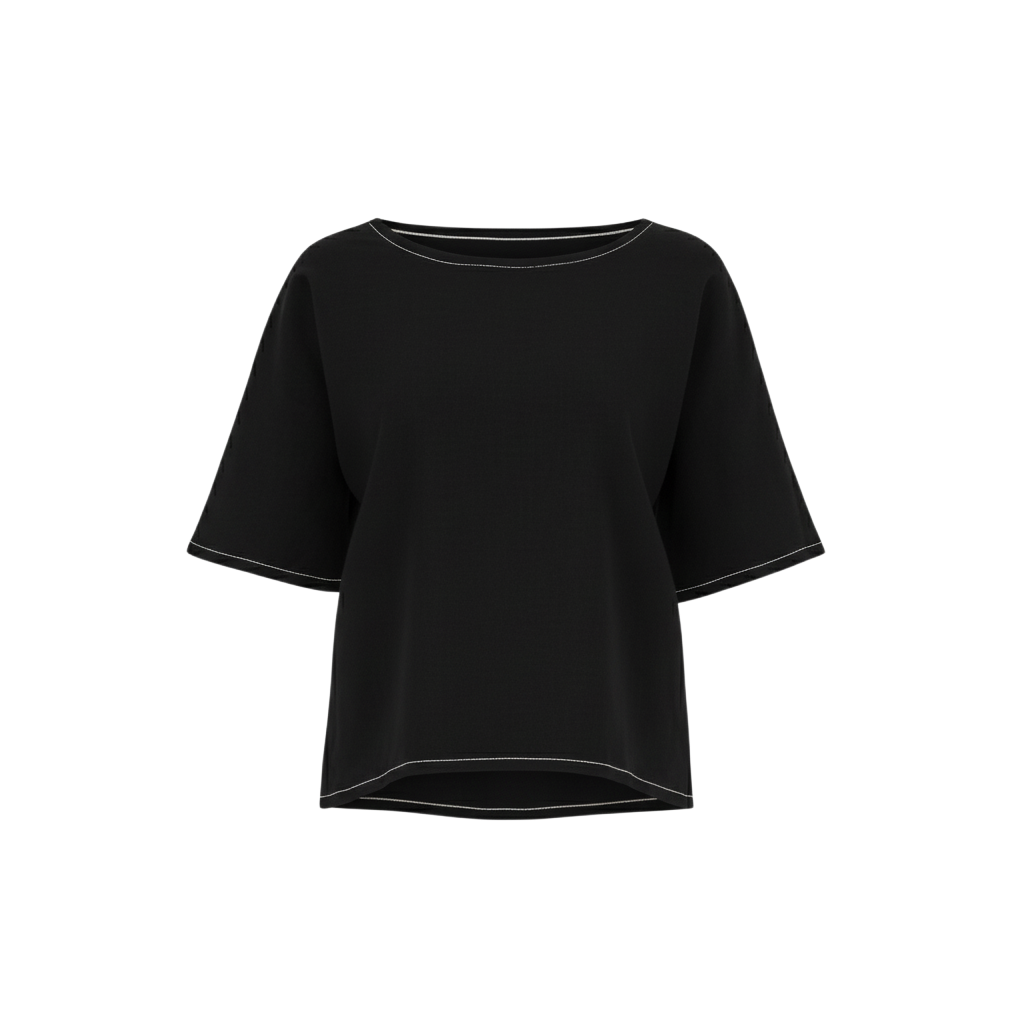 The NES Jasmine Top – a relaxed linen-cotton top with contrast stitching and boxy fit. Breathable, versatile and NZ made.
