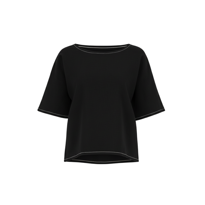 The NES Jasmine Top – a relaxed linen-cotton top with contrast stitching and boxy fit. Breathable, versatile and NZ made.