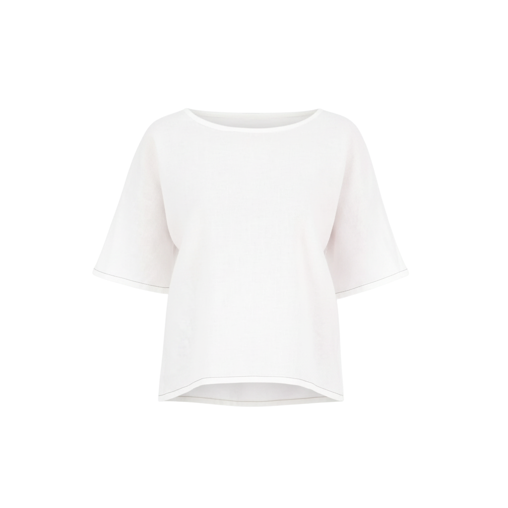 The NES Jasmine Top – a relaxed linen-cotton top with contrast stitching and boxy fit. Breathable, versatile and NZ made.