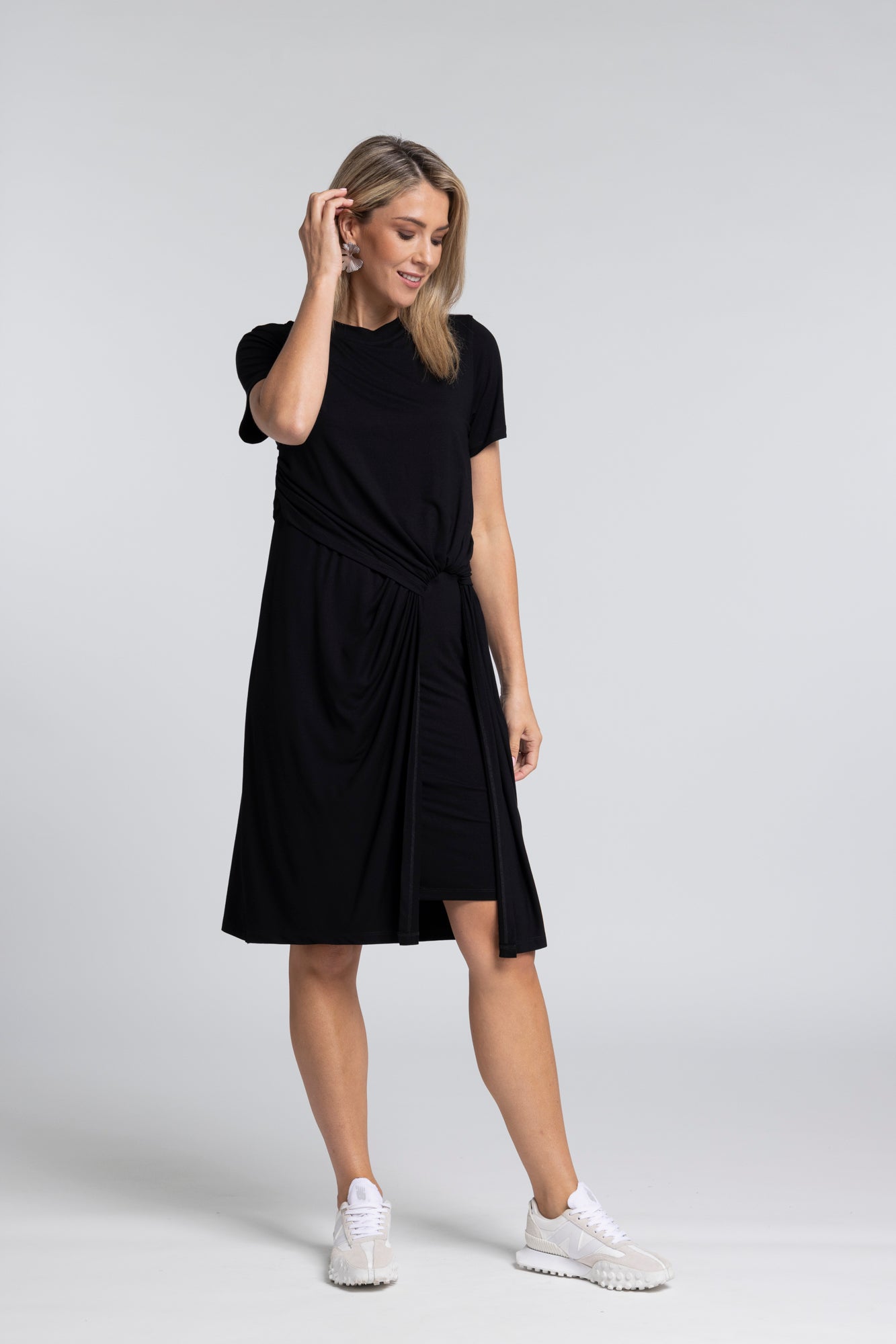 The NES Ava Knit Dress – a double-layer knit dress with twist detail and flattering fit. Comfortable, easy and NZ made.