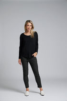 The NES Sable Top by N-E-S – a floaty georgette long sleeve top with scoop neck, curved hem and layering options. NZ made.