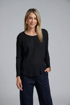 The NES Sable Top by N-E-S – a floaty georgette long sleeve top with scoop neck, curved hem and layering options. NZ made.