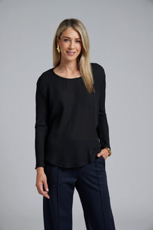 The NES Sable Top by N-E-S – a floaty georgette long sleeve top with scoop neck, curved hem and layering options. NZ made.