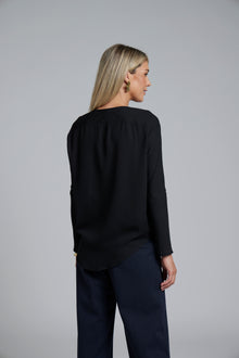 The NES Sable Top by N-E-S – a floaty georgette long sleeve top with scoop neck, curved hem and layering options. NZ made.