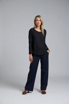 The NES Sable Top by N-E-S – a floaty georgette long sleeve top with scoop neck, curved hem and layering options. NZ made.