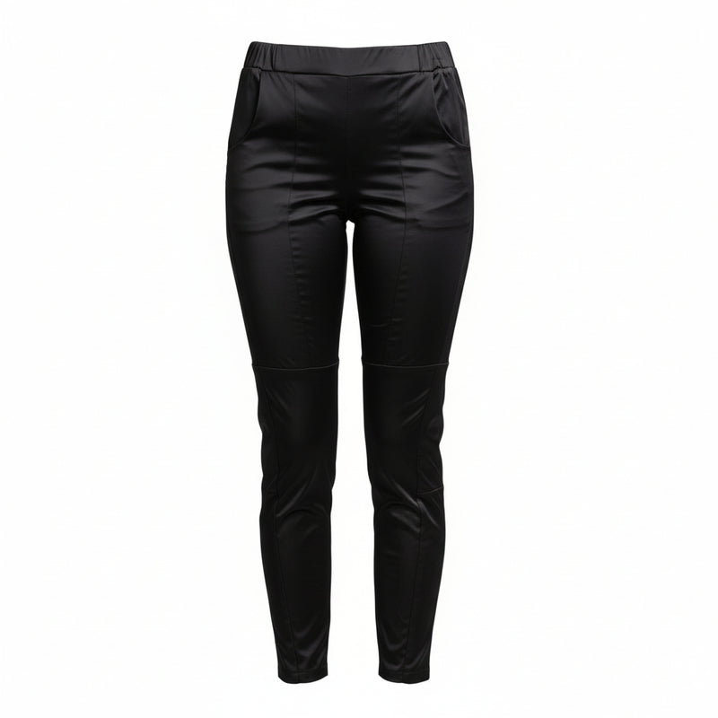 The NES Satin Section Black Pant – a stretch satin pant with elastic waist and panel detail. Elegant, versatile and NZ made.