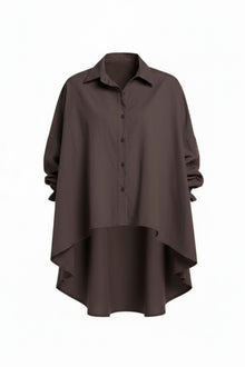 The NES Vey Shirt by N-E-S – a relaxed cotton shirt with 7/8 sleeves, three-row shirred cuffs and soft umbrella silhouette. In stripe or Kenzo Choc. NZ made.
