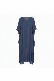 A TITAN sheer maxi dress with a V-neckline and draped, wide sleeves, displayed on a clean white background. Remi Dress