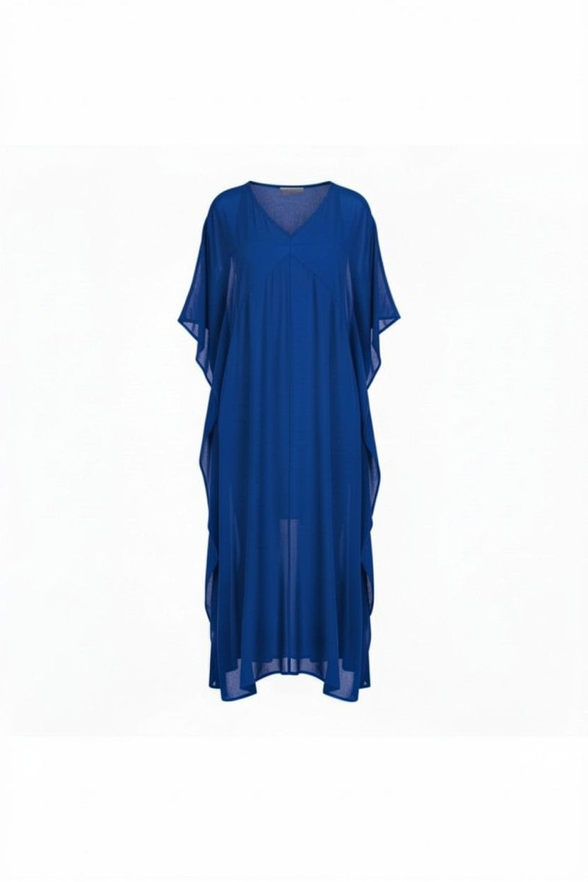 A CAPRI sheer maxi dress with a V-neckline and draped, wide sleeves, displayed on a clean white background. Remi Dress